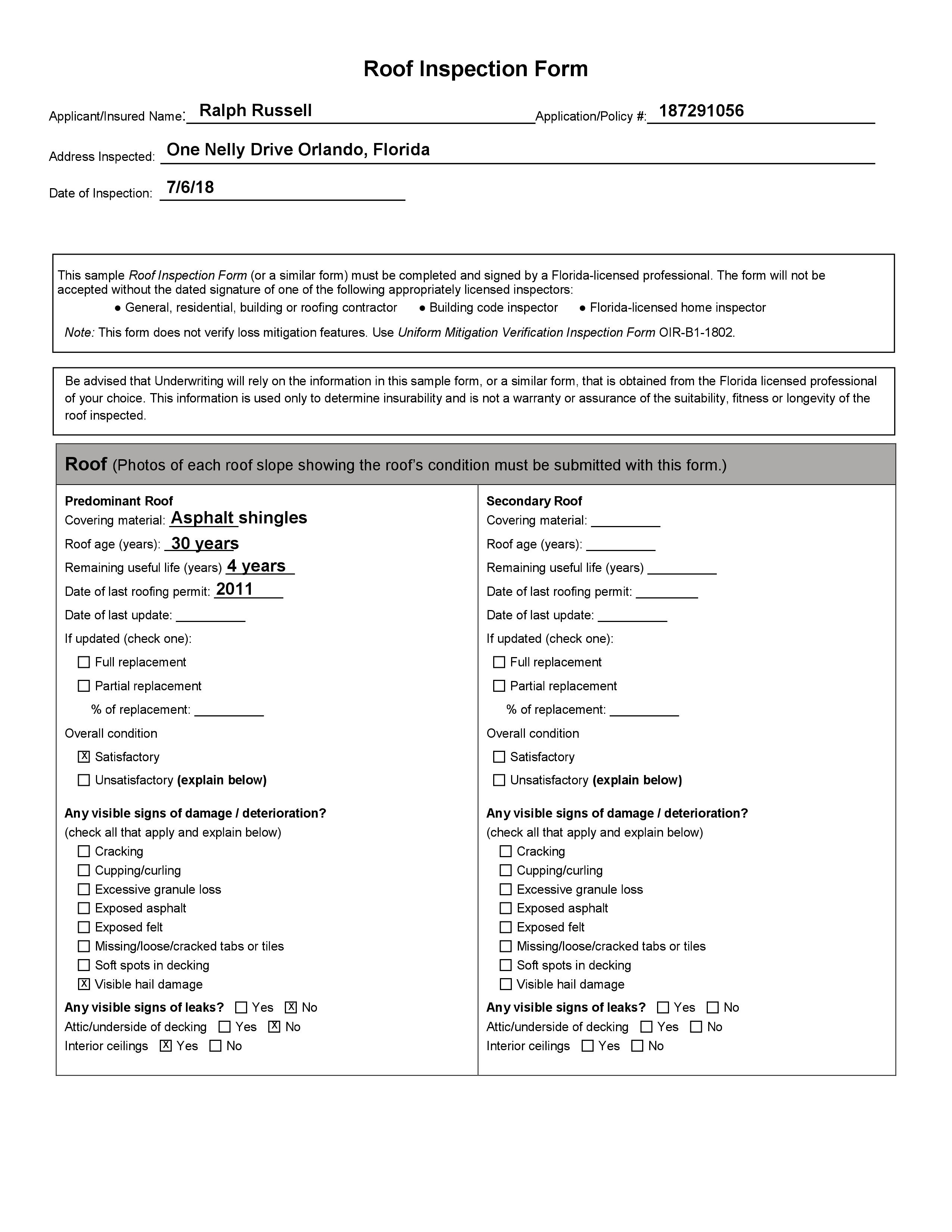 Printable Roof Inspection Form Template